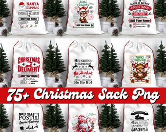 May include: A selection of white Christmas sacks with red drawstrings, each adorned with festive designs and text. Designs include Santa, reindeer, and holiday phrases. The text "75+ Christmas Sack Png" is displayed at the bottom.