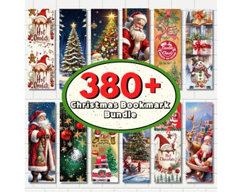 May include: A collection of Christmas-themed bookmarks. The bookmarks feature festive designs including Santa Claus, Christmas trees, snowmen, and mugs of hot chocolate. The text "380+ Christmas Bookmark Bundle" is displayed in the center.