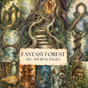 Può includere: Una raccolta di pagine di diario digitali con scene di foreste fantasy, scale in pietra, abitazioni sugli alberi e rovine ad arco. Il testo centrale su uno sfondo color pergamena recita: FANTASY FOREST - 120+ JOURNAL PAGES -.