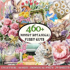 May include: A digital collage featuring watercolor illustrations of bunnies, flowers, and butterflies. The image includes the text "460+ Moody Botanical Fussy Cuts". The color palette includes pink, green, and yellow.