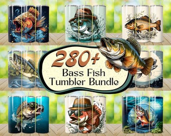 280 + Bass Fish Tumbler Wrap Bundle, Tumbler da pescatore, Disegni a sublimazione di pesci persici, Tumbler da pesca, Pesce da 20 once PNG, Tumbler da pesca