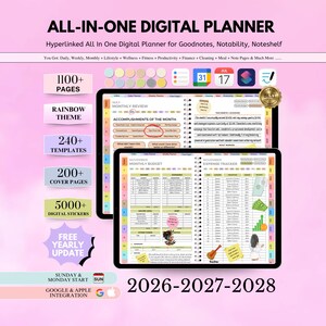Może przedstawiać: Cyfrowy planer typu wszystko w jednym dla Goodnotes, Notability i Noteshelf, zawierający ponad 1100 stron, 240 szablonów, 200 okładek i 5000 cyfrowych naklejek. Planer zawiera układy budżetu miesięcznego i śledzenia wydatków na lata 2026-2028.