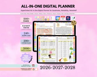 New 2027 2028 2029 All in One Rainbow Digital Planner, Hyperlink Goodnotes Planner, Daily Weekly Monthly Journal, Apple Google Calendar/iPad