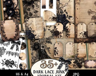 Dark Lace Junk Journal Kit, gotisch afdrukbaar dagboek, vintage kortstondige pagina's, vogels, bomen, tags, bloemen kieskeurig gesneden, grunge dagboekpagina's