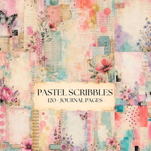 May include: A digital collage sheet featuring pastel scribbles and 120+ journal pages. The design includes floral illustrations, butterflies, vintage ticket stubs, handwritten script, music notes, and polka dots in shades of pink, teal, and cream.