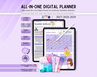 May include: An all-in-one digital planner for tablets featuring a purple theme, 1100+ pages, 240+ templates, 200+ covers, and 5000+ stickers. The display shows a monthly calendar for April 2026, a monthly reflection page, and a white stylus pen.