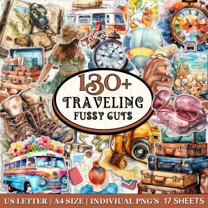 May include: A collage of travel-themed illustrations, including suitcases, maps, a vintage bus, a camper van, and a woman in a hat. The central image features the text "130+ TRAVELING FUSSY GUTS" in a brown oval. The color palette includes blues, browns, and oranges.