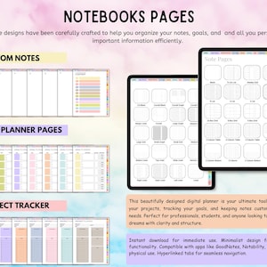 May include: Digital planner pages featuring 12 custom notes, 7 goal planner pages, and 16 project trackers. The layout includes various grid, lined, and table templates displayed on tablet screens with colorful hyperlinked side tabs for navigation.