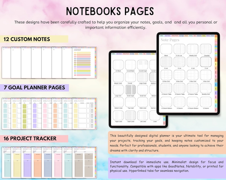 May include: Digital planner pages featuring 12 custom notes, 7 goal planner pages, and 16 project trackers. The layout includes various grid, lined, and table templates displayed on tablet screens with colorful hyperlinked side tabs for navigation.