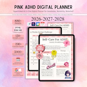 Może przedstawiać: Różowy cyfrowy planer ADHD na lata 2026-2028 zawierający ponad 880 stron, 150 szablonów, 190 okładek i 5000 cyfrowych naklejek. Interfejs wyświetla 52-tygodniowe wyzwanie oszczędzania oraz stronę o samoopiece przy lęku ADHD z naklejkami.