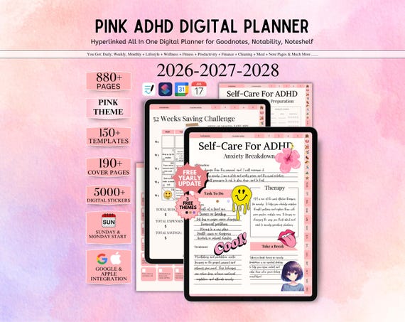 ADHD Planner 2027 - 2029, Daily Weekly Monthly Life Planner, Self Care Planner, Productivity Planner, GoodNotes Planner, Adult ADHD Planner