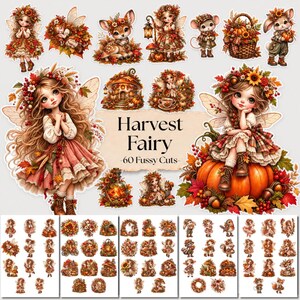 May include: A collection of 60 Harvest Fairy themed stickers featuring illustrations of fairies, woodland creatures, pumpkins, and autumn foliage. The central text reads Harvest Fairy 60 Fussy Cuts, surrounded by various die-cut style images.