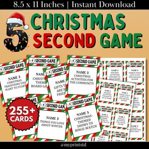 Peut inclure: Un ensemble de cartes de jeu sur le thème de Noël avec des bordures rouges et vertes. Les cartes comportent des invites telles que "Nommez 3 traditions de Noël que vous souhaitez commencer". L'image comprend le texte "Christmas Second Game" et "255+ Cards".