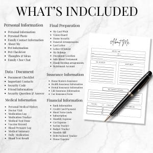 May include: A white planner page with the text "About Me" and sections for habits, rewards, and motivations. A black pen rests on the page, alongside a list of included information, such as personal, medical, and financial details.