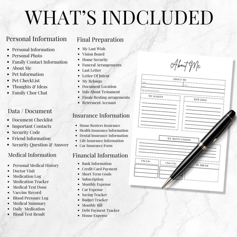 May include: A white planner page with the text "About Me" and sections for habits, rewards, and motivations. A black pen rests on the page, alongside a list of included information, such as personal, medical, and financial details.