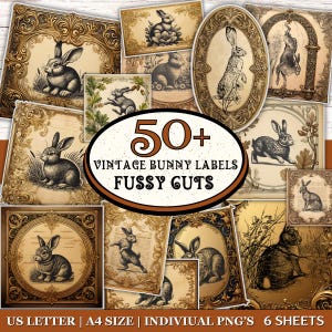 May include: A collection of vintage-style bunny labels with ornate frames and illustrations. The labels feature various poses of rabbits in sepia tones, with the text "50+ Vintage Bunny Labels Fussy Cuts". The image includes the text "US LETTER | A4 SIZE | INDIVIUAL PNG'S 6 SHEETS".