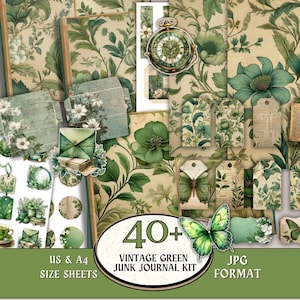Könnte beinhalten: Eine Sammlung von Vintage-Green-Junk-Journal-Kit-Elementen. Das Bild zeigt floral gemusterte Papiere, Etiketten, Umschläge und eine Taschenuhr. Die Farbpalette umfasst Grüntöne, Creme und Braun. Der Text auf dem Bild lautet "40+ Vintage Green Junk Journal Kit".