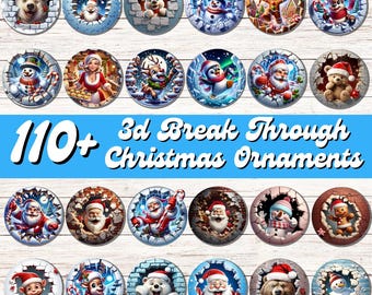 Könnte beinhalten: Eine Sammlung von 3D-Weihnachtsschmuck mit verschiedenen festlichen Designs. Die Ornamente zeigen Bilder von Weihnachtsmännern, Schneemännern, Eisbären und anderen Weihnachtsfiguren. Der Text "110+ 3d Break Through Christmas Ornaments" ist zu sehen.