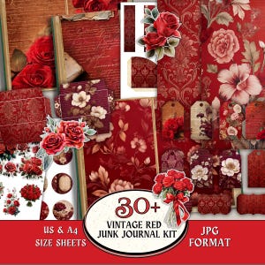 Puede incluir: Una colección de elementos de kit de diario basura rojo vintage, que incluye papeles estampados, etiquetas y adornos florales. El kit presenta una variedad de diseños con rosas y otras flores. El texto de la imagen dice "30+ Vintage Red Junk Journal Kit".