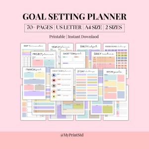 Könnte beinhalten: Eine Sammlung druckbarer Seiten für die Zielplanung mit Pastellfarben. Der Planer enthält Abschnitte für finanzielle Ziele, tägliche Routinen und Projektplanung. Der Text auf dem Bild lautet "GOAL SETTING PLANNER" und "70+ PAGES US LETTER A4 SIZE 2 SIZES".