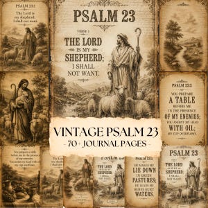 May include: A collection of vintage-style journal pages featuring Psalm 23 text and illustrations of a shepherd with sheep in sepia tones. The pages include various verses and imagery, with a central banner reading VINTAGE PSALM 23 - 70+ JOURNAL PAGES.