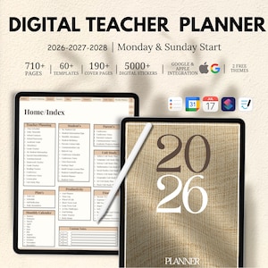 May include: Digital teacher planner for 2026-2028, with Monday and Sunday start. The planner includes 710+ pages, 60+ templates, 190+ cover pages, and 5000+ digital stickers. Features Google and Apple integration, and 2 free themes. The cover displays the year 2026.