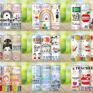 May include: A collection of teacher-themed tumblers with various designs. Some tumblers feature rainbows, apples, pencils, and inspirational quotes like "Best Teacher Ever" and "Teaching is a Work of Heart." The tumblers are white with colorful graphics.