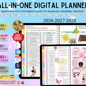 May include: Digital planner with a rainbow theme, 1100+ pages, 240+ templates, and 200+ cover pages. Includes digital stickers and integration with Google and Apple. The planner covers the years 2026-2028 and offers daily, weekly, and monthly planning.