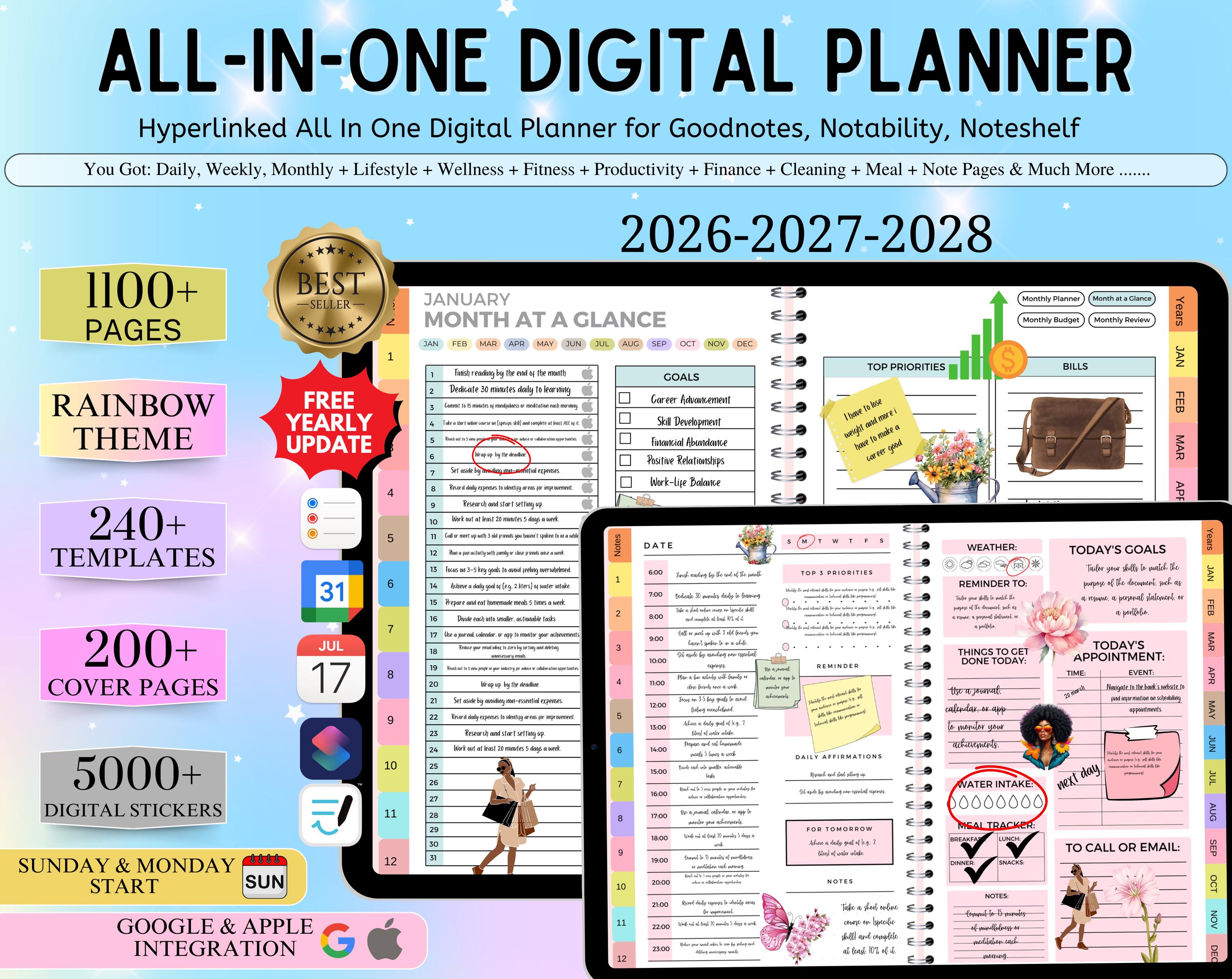 New 2026 2027 2028 All in One Rainbow Digital Planner, Hyperlink ...