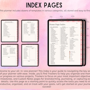 May include: A digital planner interface displaying an index page with categories including Self-Care for ADHD, Lifestyle, Cleaning, Productivity, Fitness, and Meal planning. The layout features multiple tabbed sections and lists of templates.