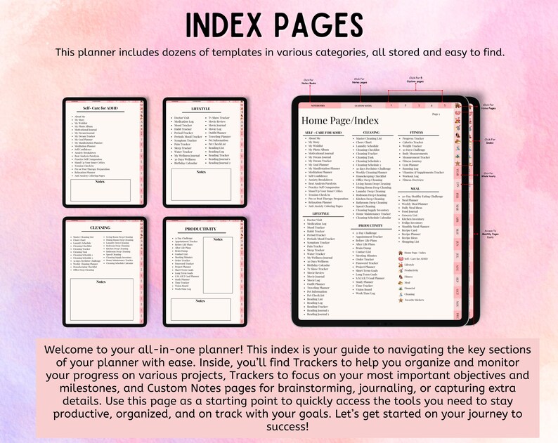 May include: A digital planner interface displaying an index page with categories including Self-Care for ADHD, Lifestyle, Cleaning, Productivity, Fitness, and Meal planning. The layout features multiple tabbed sections and lists of templates.
