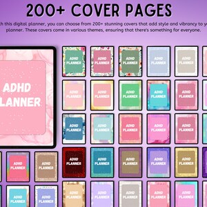 May include: A digital collection of over 200 planner covers featuring the text ADHD PLANNER. The display shows a large tablet screen on the left and a grid of smaller rectangular covers on the right, showcasing various colors, patterns, and textures.
