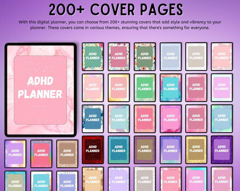 May include: A digital collection of over 200 planner covers featuring the text ADHD PLANNER. The display shows a large tablet screen on the left and a grid of smaller rectangular covers on the right, showcasing various colors, patterns, and textures.