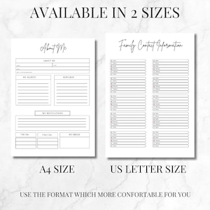 May include: Two white printable planner pages with the text "About Me" and "Family Contact Information". The "About Me" page includes sections for habits, rewards, and motivations. The "Family Contact Information" page has fields for contact details. Available in A4 and US Letter sizes.
