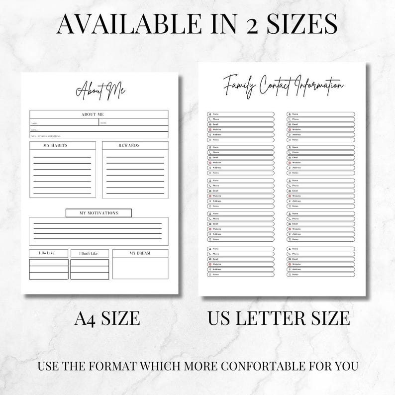 May include: Two white printable planner pages with the text "About Me" and "Family Contact Information". The "About Me" page includes sections for habits, rewards, and motivations. The "Family Contact Information" page has fields for contact details. Available in A4 and US Letter sizes.