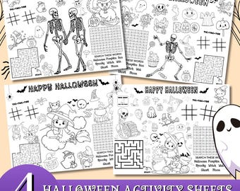 May include: Four Halloween activity sheets with black and white illustrations of skeletons, witches, ghosts, and other spooky images. Each sheet includes mazes, tic-tac-toe, and word search puzzles. The text "Happy Halloween" is at the top of each sheet.