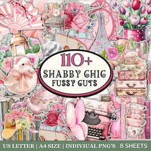 Op de afbeelding: Een collage van Shabby Chic fussy cuts met verschillende roze en bloemige elementen. De afbeelding bevat een vogel, rozen, een kat, een theepot, een typemachine en koffers. Tekst op de afbeelding luidt "110+ Shabby Chic Fussy Cuts".