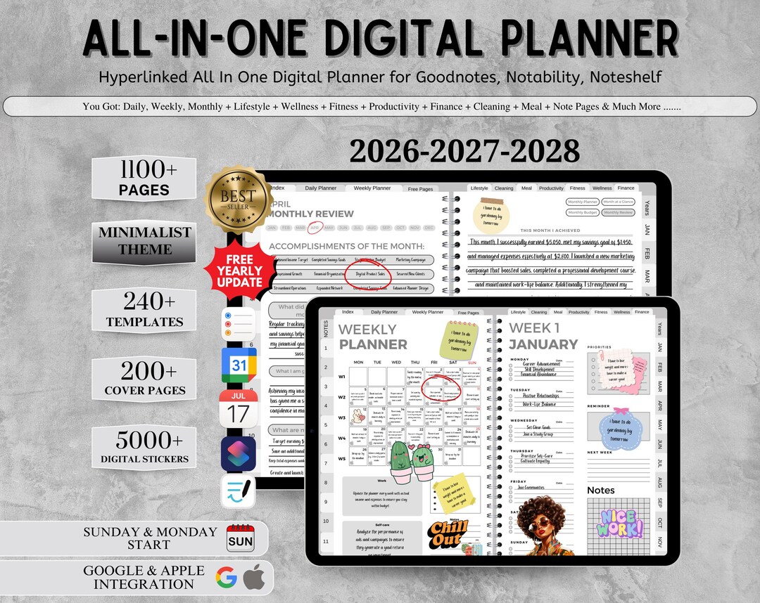 New 2026 2027 2028 All in One Rainbow Digital Planner, Hyperlink ...
