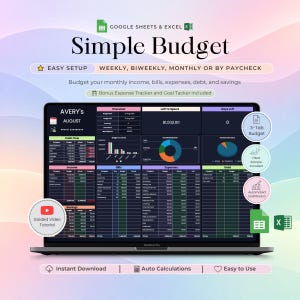 May include: A digital budget spreadsheet template for Google Sheets and Excel titled Simple Budget. The screen displays a dark-themed dashboard with tables for income, bills, expenses, debt, and savings, including charts and automated calculations.
