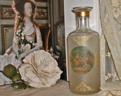 Vintage Vase or Carafe In Frosted Glass With 18th Century Picture and Gold Filigree Decoration