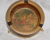 Vintage Glass Ashtray With 18th Century Picture Gold Rim On Gold Dolphin Stand