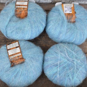 May include: Four skeins of blue mohair yarn with a label that reads "53% Kid Mohair, 25% Viscose, 22% Wool".