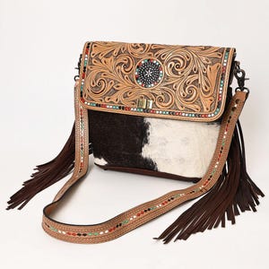 Handcrafted Western Crossbody Bag – Tooled Leather & Wool Aztec Pattern – Fringe Shoulder Purse