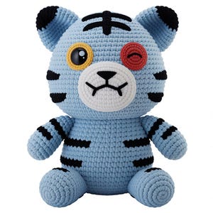 Crochet Blue Tiger Plushie: Derpy Amigurumi Toy with Keychain