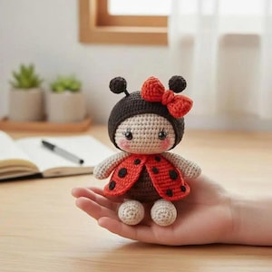 Adorable muñeca mariquita de crochet – Niña amigurumi hecha a mano.