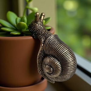 Op de afbeelding: Een bronzen slakvormig decoratief item, mogelijk een ladeknop of kastknop, rust op de rand van een terracotta pot met een groene vetplant. De slak heeft gedetailleerde texturen en een spiraalvormige schelp.