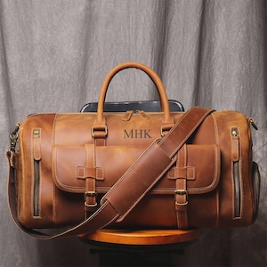 Personalized Full Grain Leather Duffle Bag: Vintage Brown Weekender, Shoe  Compartment