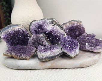 May include: A collection of raw amethyst crystal clusters featuring deep purple, jagged points and natural grey stone bases. These crystalline formations are arranged together, showcasing varied sizes and irregular shapes with sparkling, translucent violet facets.