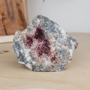 Raw Erythrite on Calcite Crystal Specimen in Matrix | Raw Pink Erythrite