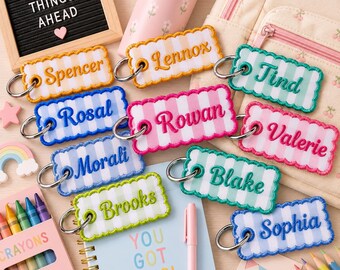 Personalized Embroidered Gingham/Striped Keychain, Custom Name Keychain, Preppy Backpack Name Tag, Team Name Tag, Bag Charms Accessory